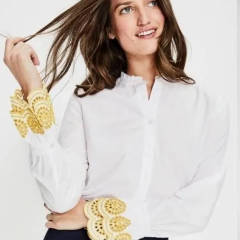Boden, boho full button down crisp white shirt. Flawless with double cuff design